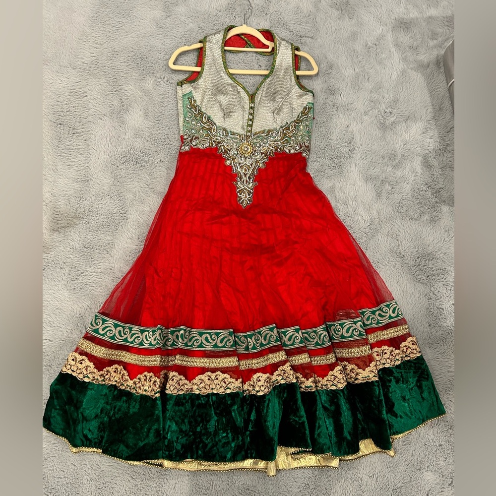 Halter-neck red and green heavy anarkali. Beautiful wedding piece